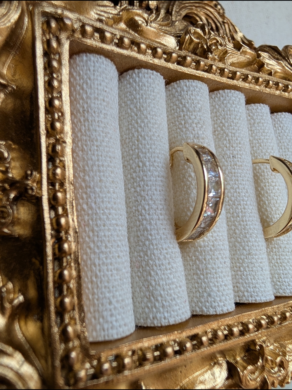 Gold Hoop Earrings - Gold Tone Huggie Hoop Earrings with Inlaid Cubic Zirconia - Picture 9 of 16